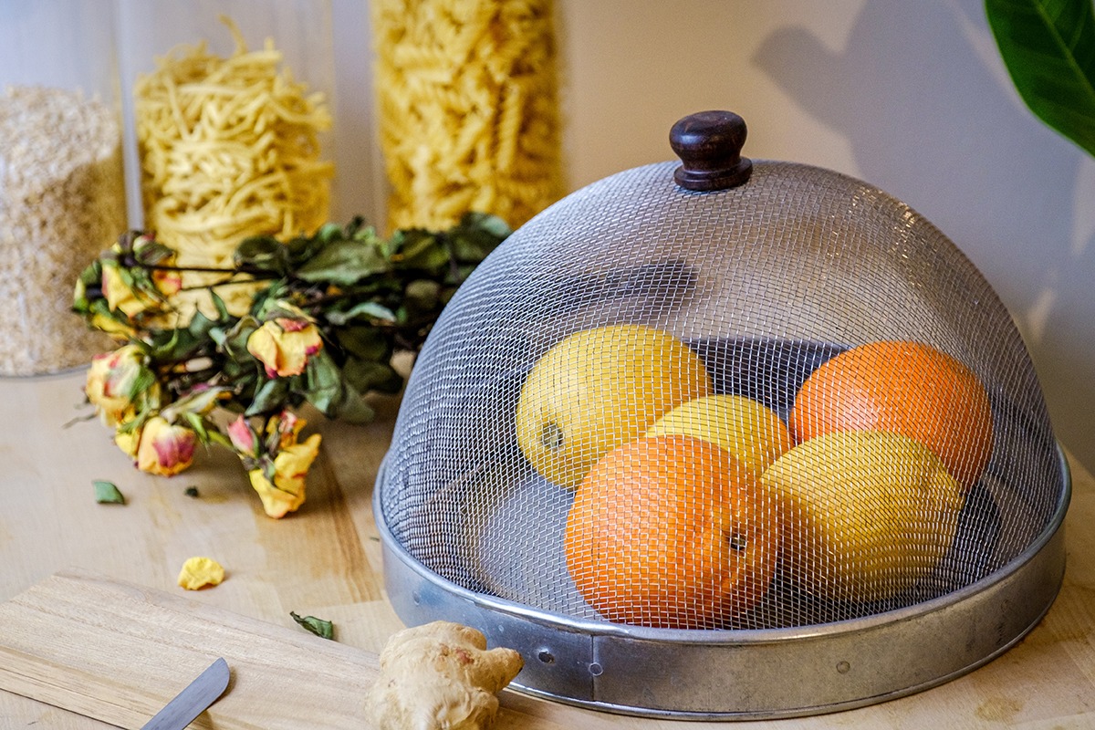 Zitrusfrüchte mit einer Mesh-Haube überdeckt zum Schutz vor Fruchtfliegen