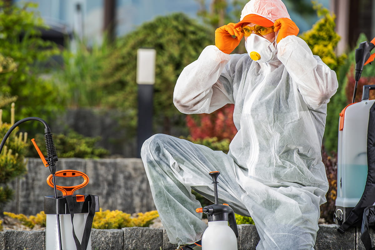 Schädlingsbekämpfer im Schutzanzug und mit Geräten bereit zur Arbeit im Garten